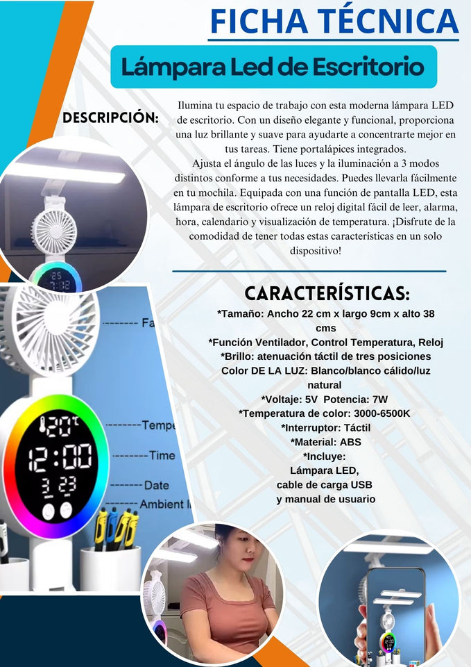 LÁMPARA DE ESCRITORIO CON LUZ LED Y VENTILADOR